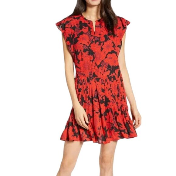 Rebecca Minkoff Mini Dress Large Red Flutter Sleeve Floral Pleated Ruffle Sz S - Picture 1 of 13